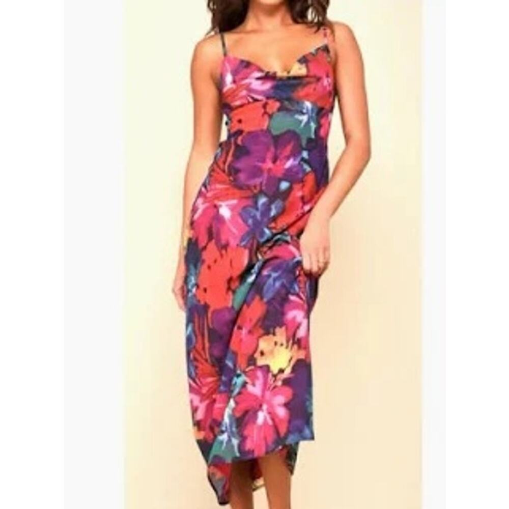 Lulus Cowl Neck Slip Dress Abstract Floral Summer Vacation Maxi Slinky Women XL